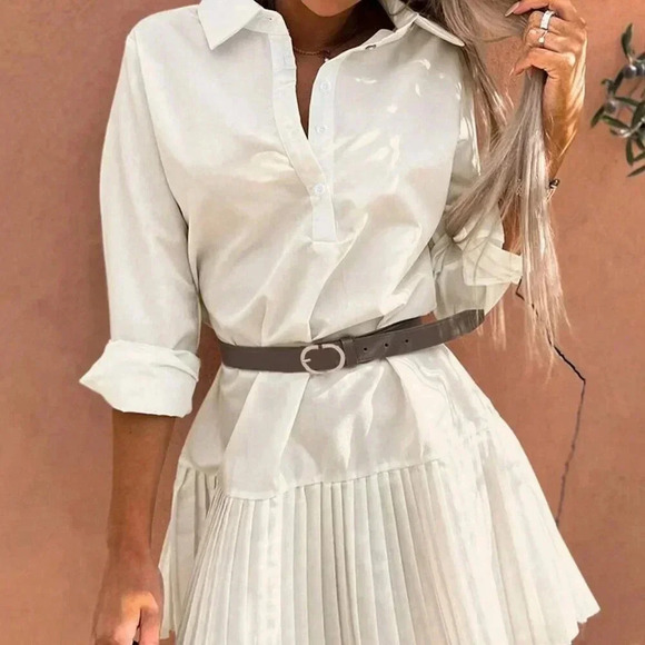 Apricot Casual Women's Half-Placket Long Sleeve Pleated Short Dress - Picture 3 of 5